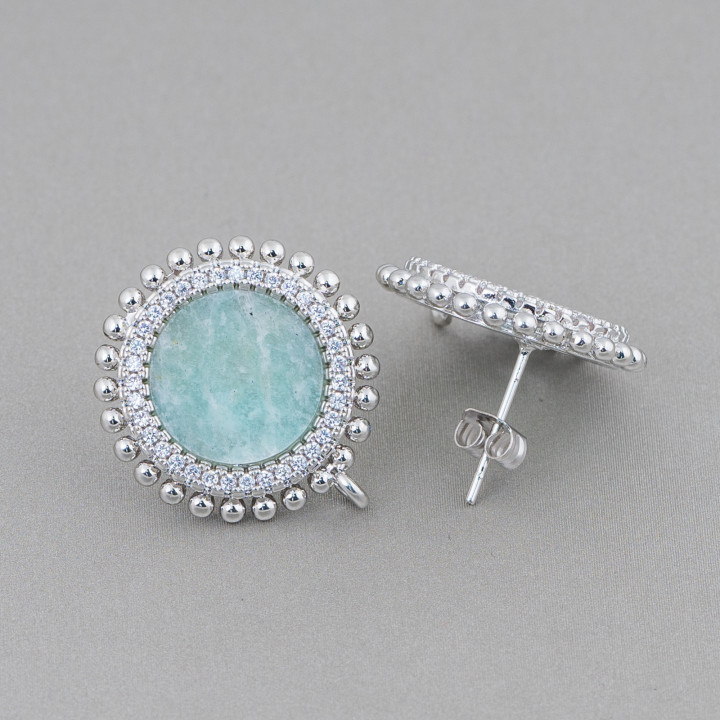 Base for Brass Stud Earrings with Natural Stones Round with Zircons 20mm 3 Pairs Rhodium Plated Amazonite