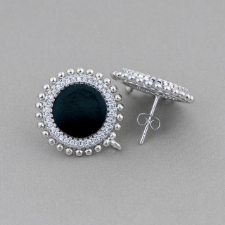 Base for Brass Stud Earrings with Natural Stones Round with Zircons 20mm 3 Pairs Rhodium Plated Black