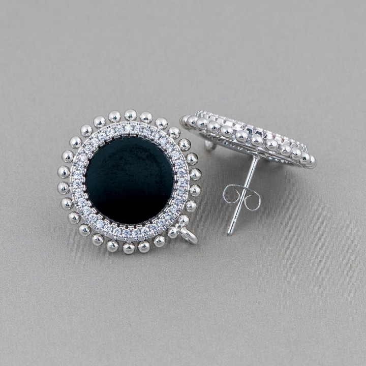 Boucles D'oreilles Tiges Laiton Base Avec Pierres Naturelles Rondes Avec Zircons 20mm 3 Paires Noir Rhodié