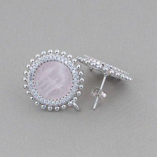 Base for Brass Stud Earrings with Natural Stones Round with Zircons 20mm 3 Pairs Rhodium Plated Rose Quartz