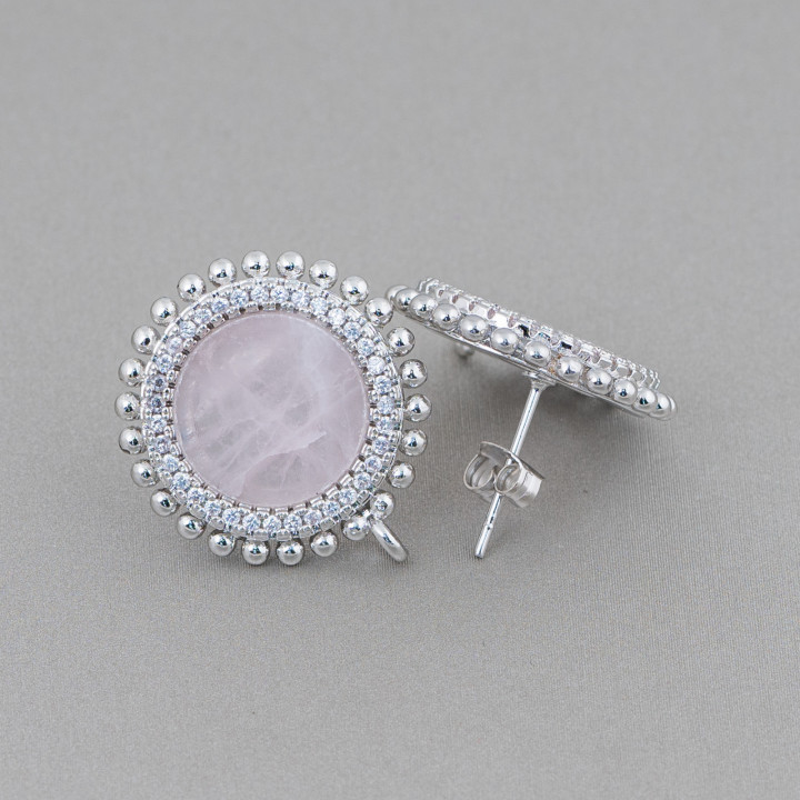 Boucles D'Oreilles Clous En Laiton Base Avec Pierres Naturelles Rondes Avec Zircons 20mm 3 Paires Rhodium Rose Quartz