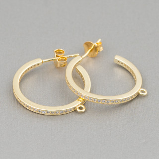 Base Per Orecchini Perno Di Argento 925 Con Zirconi Micropave' Cerchietto 22mm 2 Paia Dorato
