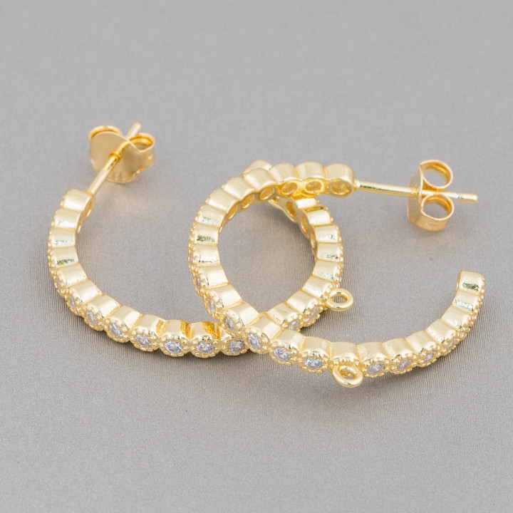 Base Per Orecchini Perno Di Argento 925 Con Zirconi Micropave' Cerchietto 25mm 1 Paia Dorato
