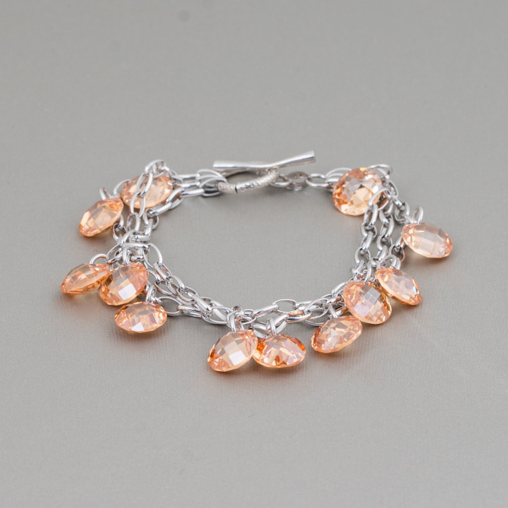 925 Silver Bracelet 3-strand Rhodium-plated Chain With Champagne Zircon Pendants And 20mm AT Clasp