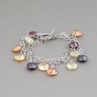 Armband aus 925er Sterlingsilber, 3-adrige Rhodiumkette mit mehrfarbigen Zirkon-Anhängern und 20 mm AT-Verschluss