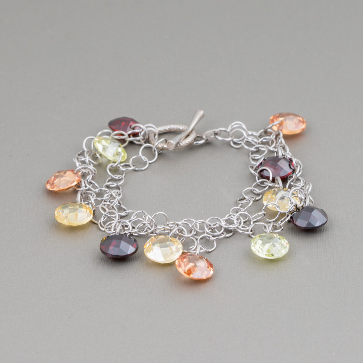 Pulsera de plata de ley 925 con cadena de rodio de 3 hilos con colgantes de circonitas multicolores y cierre AT de 20 mm