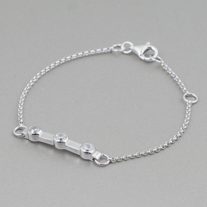 Bracciale Di Argento 925 Design Italy Con 3 Zirconi Lunghezza 19cm-16,5cm Rodiato
