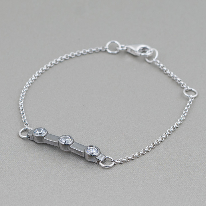 925 Silver Bracelet Design Italy With 3 Zircons Length 19cm-16.5cm Rhodium-Plated and Burnished
