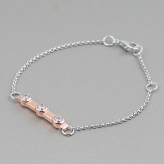Bracciale Di Argento 925 Design Italy Con 3 Zirconi Lunghezza 19cm-16,5cm Rodiato e Oro Rosa
