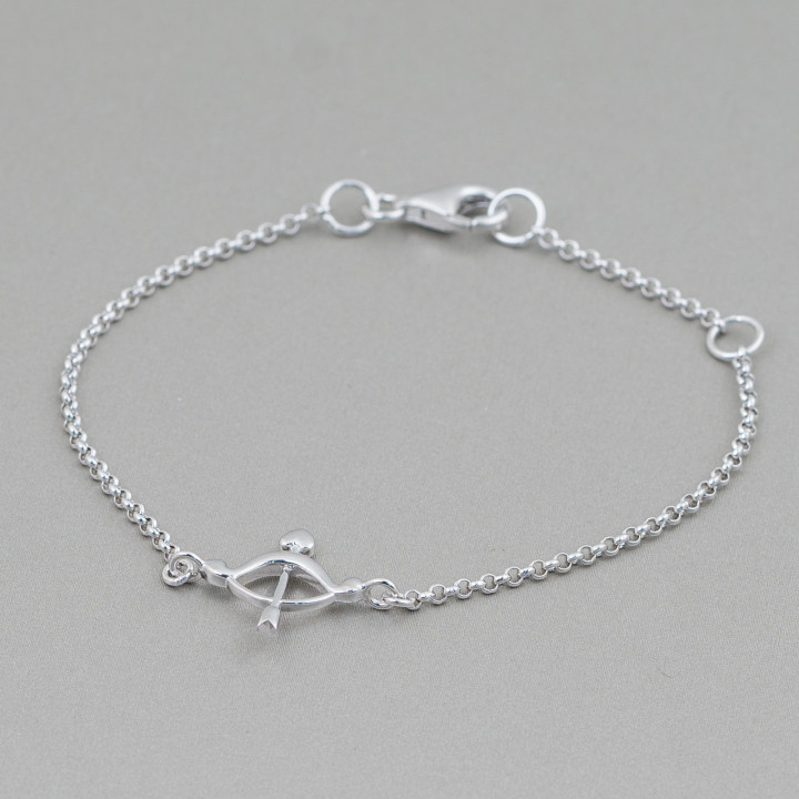 925 Silver Bracelet Design Italy With Central Bow And Arrow Length 19cm-16.5cm Rhodium Plated