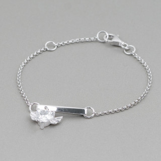 925 Silver Bracelet Design Italy With Central Winged Heart Length 19cm-16.5cm Rhodium Plated