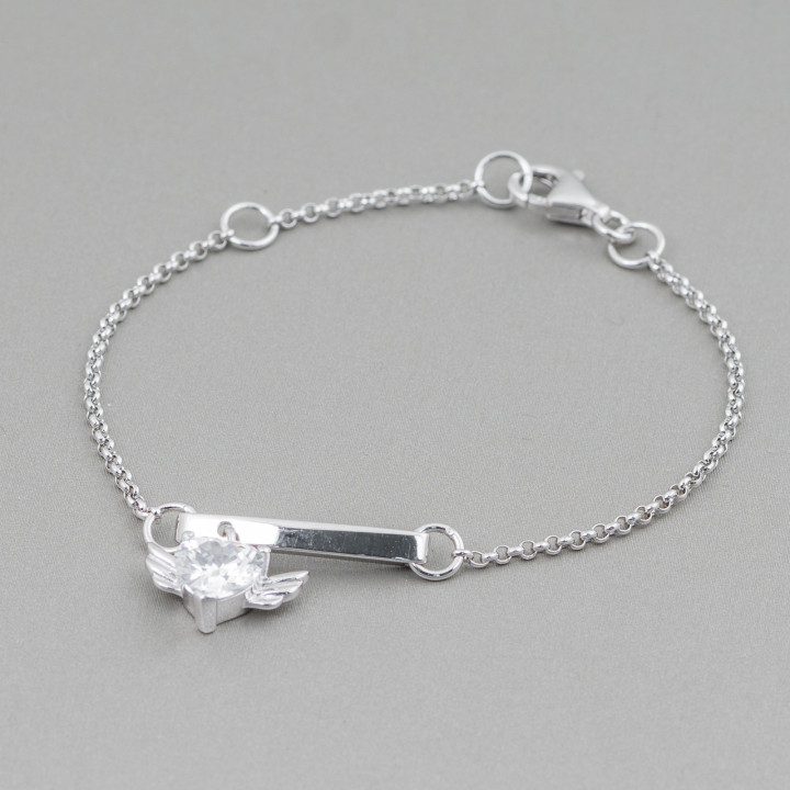 925 Silver Bracelet Design Italy With Central Winged Heart Length 19cm-16.5cm Rhodium Plated