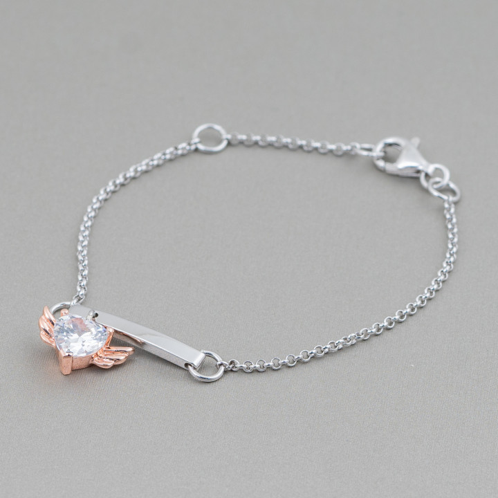 Design Italy Pulsera de Plata 925 con Corazón Alado Central Largo 19cm-16.5cm Rodio y Oro Rosa