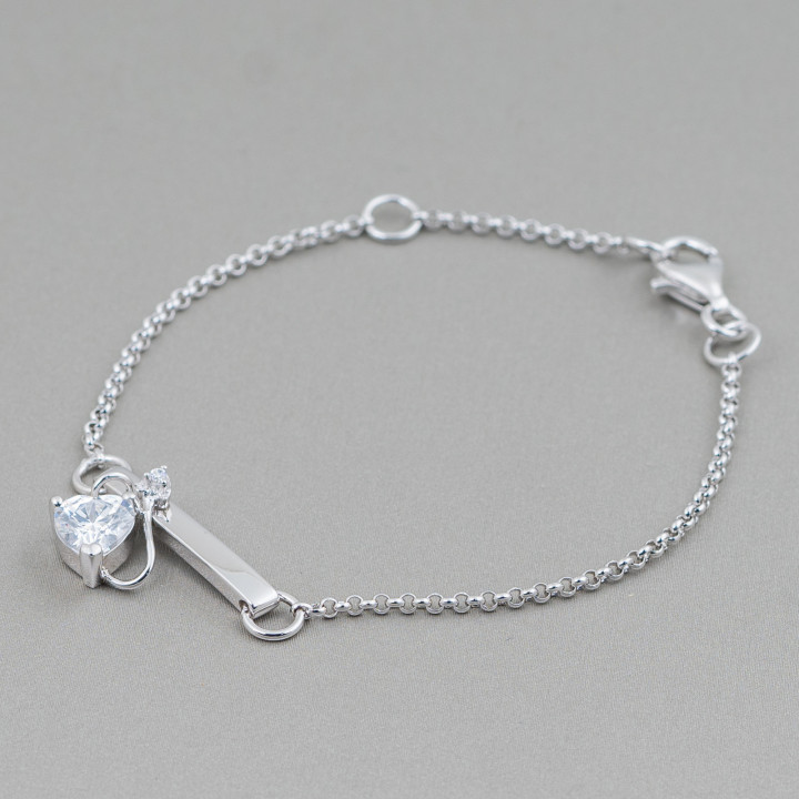 925 Silber Armband Design Italien mit zentralem Herz mit Schweif Länge 19cm-16.5cm Rhodium