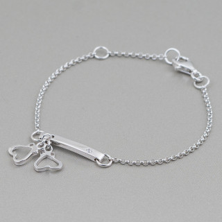 Pulsera de Plata 925 Diseño Italia Con Corazón Doble Centro Longitud 19cm-16.5cm Rodio