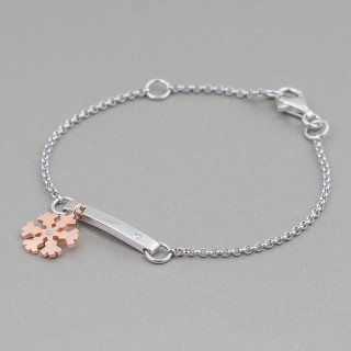 Pulsera de Plata 925 Diseño Italia Con Copo de Nieve Central Rosa 'Longitud 19cm-16.5cm Rodio