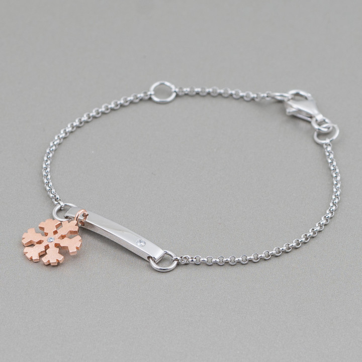 Pulsera de Plata 925 Diseño Italia Con Copo de Nieve Central Rosa 'Longitud 19cm-16.5cm Rodio