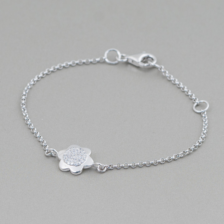 925 Silberarmband Design Italien mit Brillantblume Mittellänge 19cm-16,5cm Rhodium
