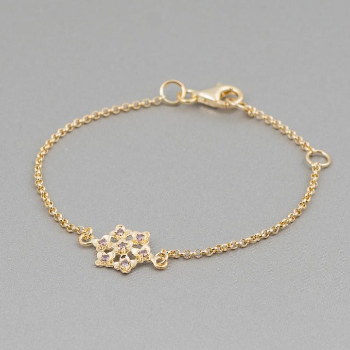 Bracciale Di Argento 925 Design Italy Con Centale Fiore Esagonale Lunghezza 19cm-16,5cm Dorato