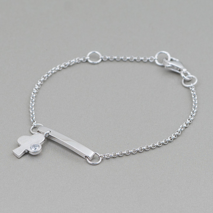 Bracelet en Argent 925 Design Italie Avec Fleur Centre Longueur 19cm-16.5cm Rhodié