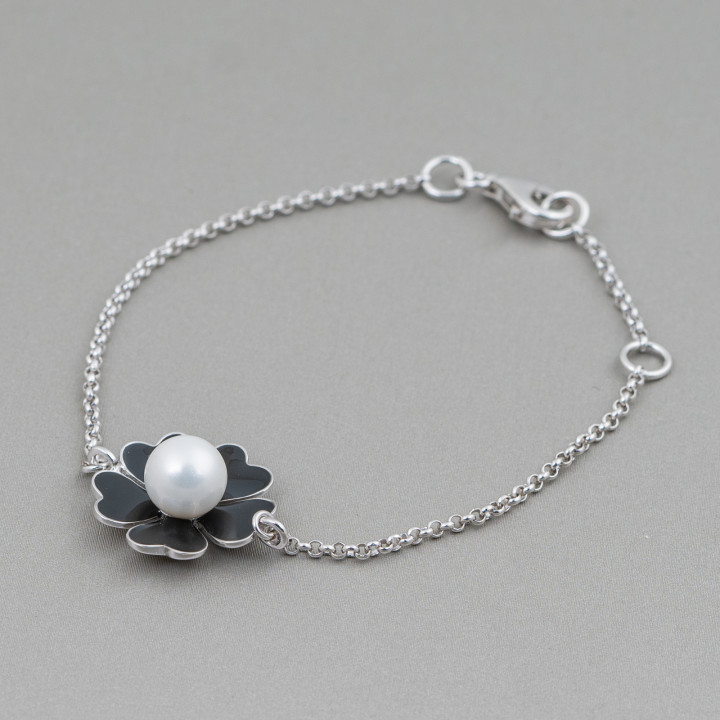 925 Silber Armband Design Italien mit emaillierter Blume Mittellänge 19cm-16.5cm