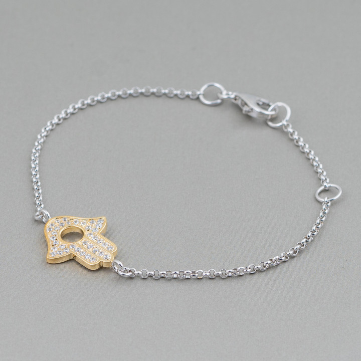 Bracciale Di Argento 925 Design Italy Con Centale Mano Di Fatima Dorata Lunghezza 19cm-16,5cm Rodiato