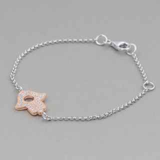 925 Silver Bracelet Design Italy With Central Hand Of Fatima Rose Gold Length 19cm-16.5cm Rhodium Plated