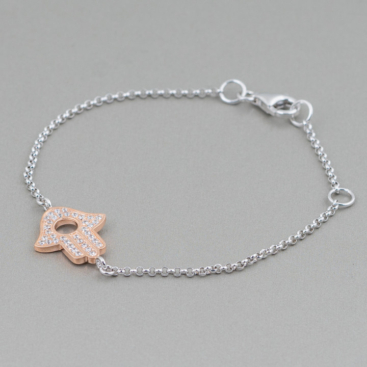 Bracciale Di Argento 925 Design Italy Con Centale Mano Di Fatima Oro Rosa Lunghezza 19cm-16,5cm Rodiato