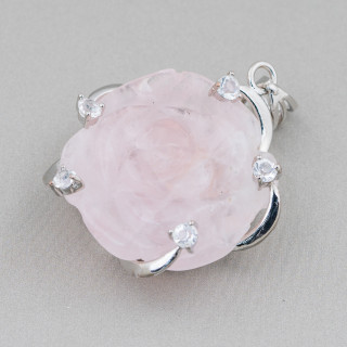 Brass Pendant Component With Zircons And Rose Quartz Flower 45x55mm 1pc