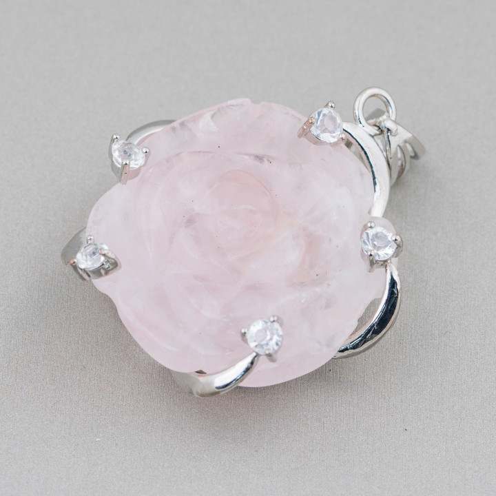 Component Colgante Latón Con Circonitas Y Flor De Cuarzo Rosa 45x55mm 1ud