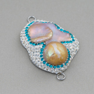 Baroque River Pearl Cabochon Component with Rhinestones and Brass Irregular Shape 30x48mm 1pc White and Light Blue with Lilac Pe