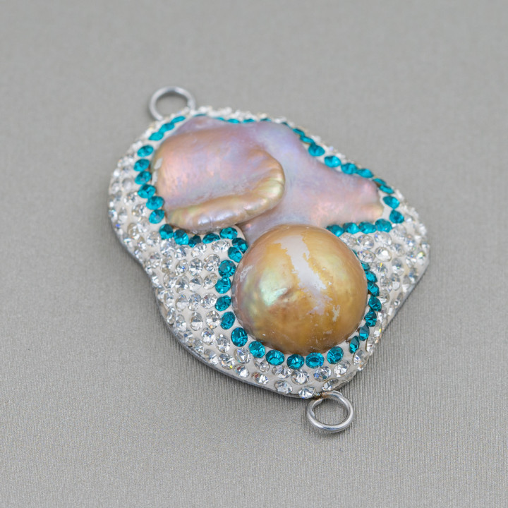 Cabochon de perles de rivière baroques avec strass et forme irrégulière en laiton 30x48mm 1pc blanc et bleu clair avec perles Li
