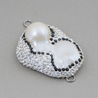 Baroque River Pearl Cabochon Component with Rhinestones and Brass Irregular Shape 30x48mm 1pc Black and White