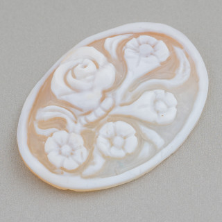 Hand Engraved Cameo Made in Italy of Sardonyx Shell Flowers Oval 40x50mm 1pc Mod1