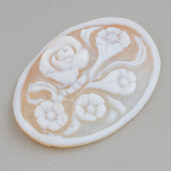 Hand Engraved Cameo Made in Italy of Sardonyx Shell Flowers Oval 40x50mm 1pc Mod1