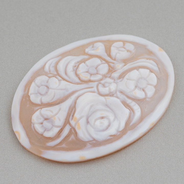 Hand Engraved Cameo Made in Italy of Sardonyx Shell Flowers Oval 40x50mm 1pc Mod11