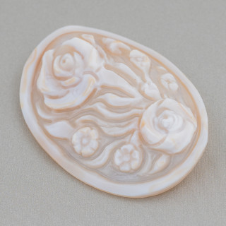 Hand Engraved Cameo Made in Italy of Sardonyx Shell Flowers Oval 40x50mm 1pc Mod2