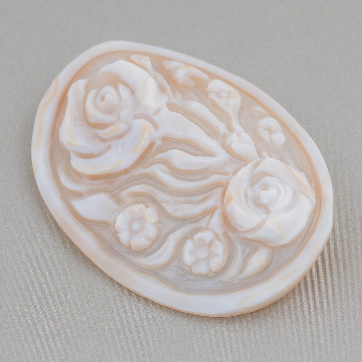 Hand Engraved Cameo Made in Italy of Sardonyx Shell Flowers Oval 40x50mm 1pc Mod2