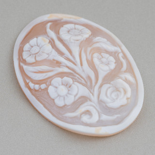 Hand Engraved Cameo Made in Italy of Sardonyx Shell Flowers Oval 42x55mm 1pc Mod1