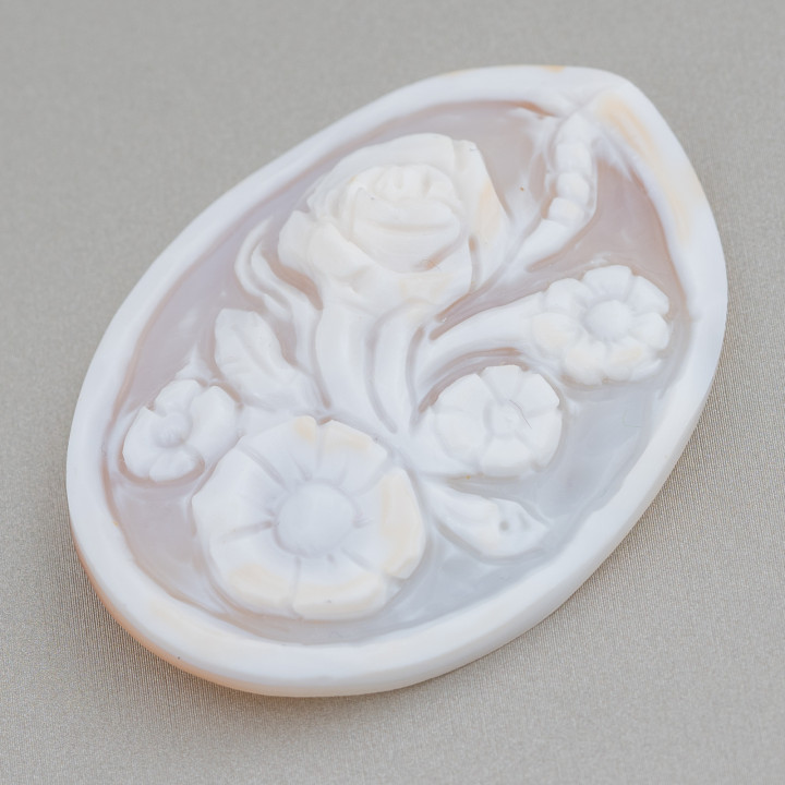 Hand Engraved Cameo Made in Italy of Sardonyx Shell Flowers Oval 42x55mm 1pc Mod2