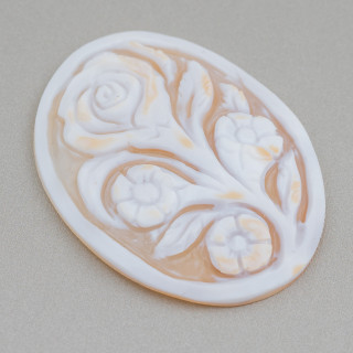 Hand Engraved Cameo Made in Italy of Sardonyx Shell Flowers Oval 42x55mm 1pc Mod4