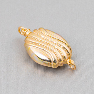 Verschluss aus 925er Silber, oval, Fantasie mit Wellen, mit Knopfmechanismus, 14 x 20 mm, 1 St., golden