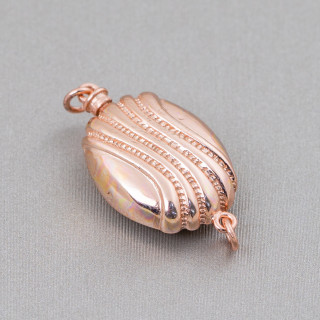 Cierre De Plata 925 Oval Fantasía Con Olas Con Mecanismo De Botón 14x20mm 1pc Oro Rosa