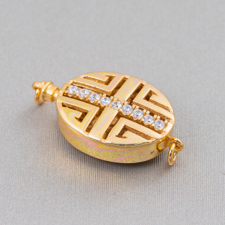 Cierre De Plata 925 Oval Fantasia Con Circonitas Con Mecanismo De Boton 15x20mm 1pc Dorado