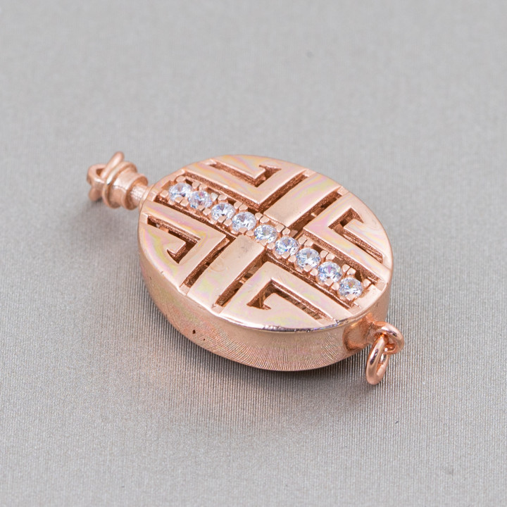 Cierre De Plata 925 Oval Fantasia Con Circonitas Con Mecanismo De Boton 15x20mm 1pc Oro Rosa
