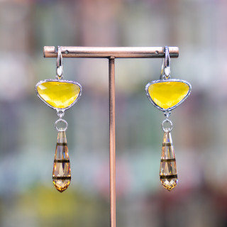 Pendientes De Gancho De Plata De Ley 925 Con Componente De Bronce Con Ojos De Gato Y Circonitas Gotas 20x64mm Amarillo