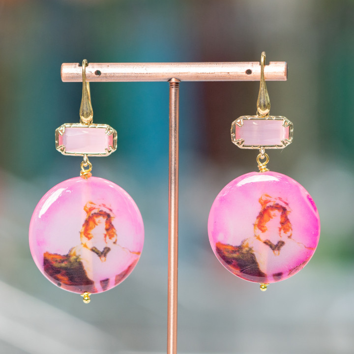 Boucles d'oreilles crochet en argent 925 avec oeil de chat bordé et agate pantographiée 30x60mm MOD2