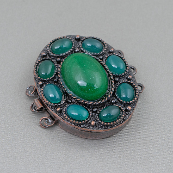 Bronze Clasp With Oval Hard Stone 30x40mm 3 Rows 2pcs MOD2