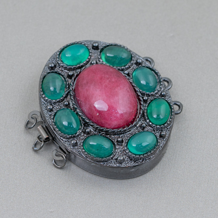 Bronze Clasp With Oval Hard Stone 30x40mm 3 Rows 2pcs MOD3