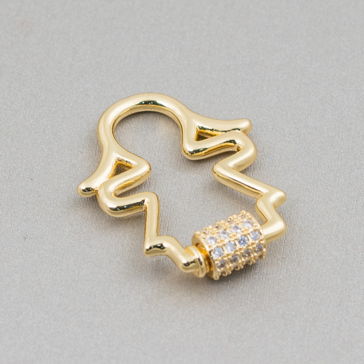 Chiusura Gancio Di Bronzo Con Zirconi Micropave' 3pz Apertura A Vite Dorato Bimba 22x28mm